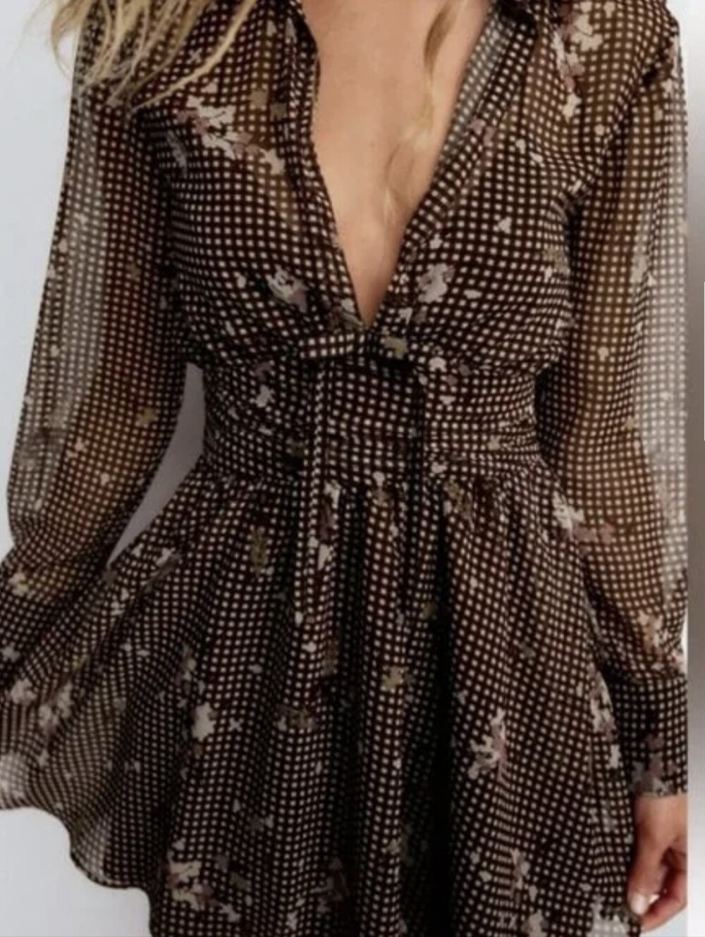 ZARA Brown Floral Gingham Long-Sleeve V-NECK Mini A-Line Dress